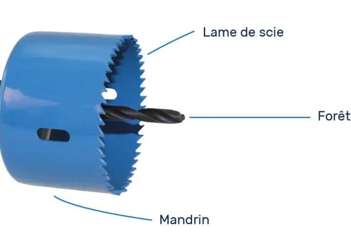 Une scie cloche bleue avec un foret centreur. Le diamètre de la scie cloche prise est visible, ainsi que la lame et le mandrin.