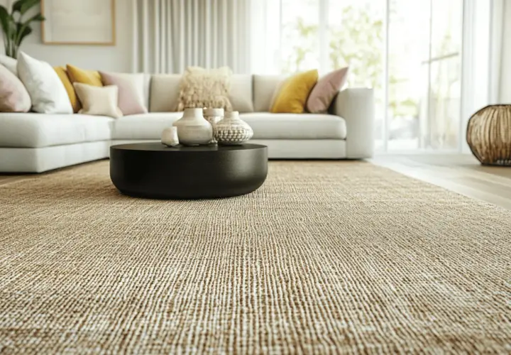 Un salon moderne avec un tapis en jonc de mer, un canapé blanc, une table basse noire et des coussins colorés. L'entretien du jonc de mer est simple pour garder cet espace accueillant.