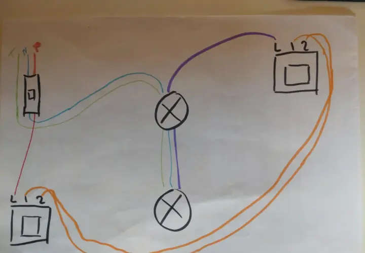 Schéma de branchement 2 interrupteurs pour 1 lampe. Le schéma montre les fils de phase, neutre et terre connectés à deux boîtiers, puis à deux symboles de connexion croisée, et enfin à un symbole de lampe.