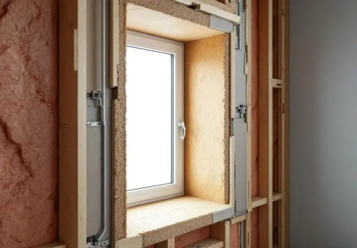 Fenêtre en pose en tunnel, avec isolation en fibre de bois et structure bois visible.