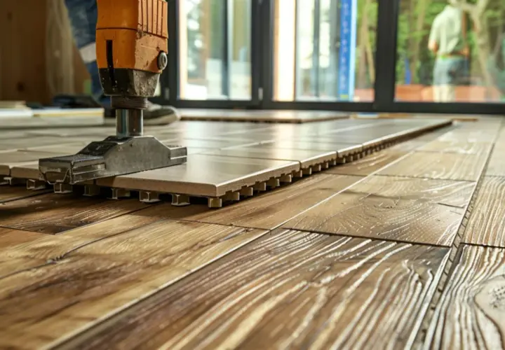 Pose d'un nouveau **plancher bois** avec un outil de pose. Les lames s'emboîtent sur des supports.