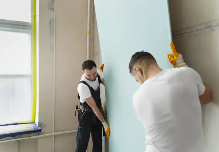Deux ouvriers installent une plaque de plâtre. Attention à la poussière de plâtre, danger pour les voies respiratoires.