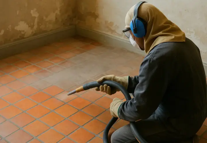 Un ouvrier équipé utilise un appareil pour enlever la laitance du carrelage, révélant sa couleur d'origine.