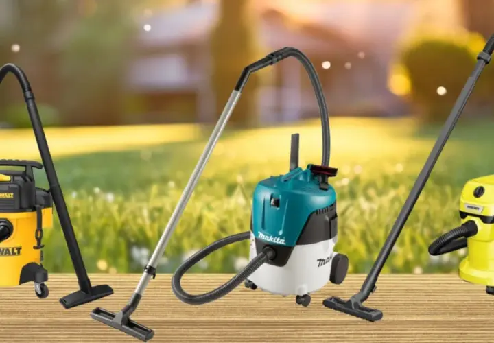 Aspirateurs Dewalt, Makita (wikipédia) et Kärcher alignés sur un plancher en bois, avec un fond flou de jardin ensoleillé.
