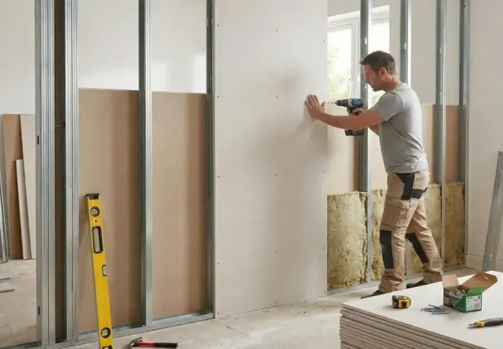 Un homme utilise une perceuse pour monter une cloison en placo sur une structure métallique. Des matériaux de construction sont visibles.