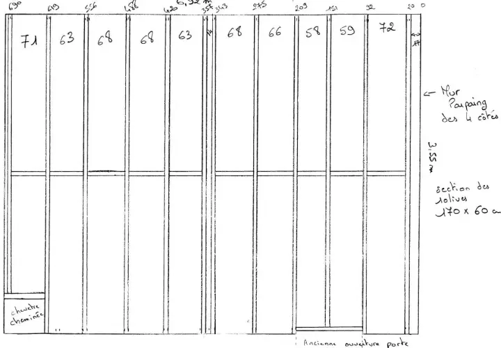 Schéma de calcul solivage plancher bois. Vue en coupe des solives numérotées (71, 63, 68, etc.) et des dimensions.
