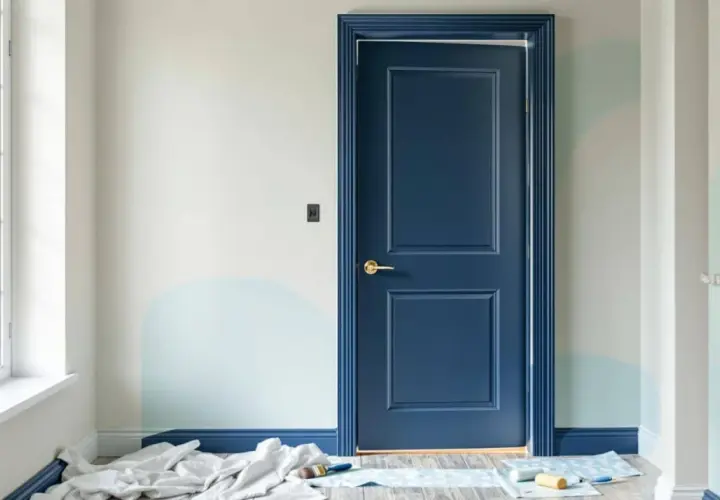 Une porte bleu marine, relookée avec des moulures, est prête pour une nouvelle vie. Des rouleaux et pinceaux au sol indiquent un projet de décoration en cours.