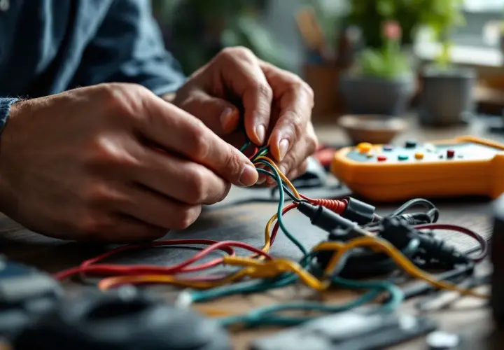 Mains de technicien travaillant sur le branchement interphone, fils colorés et multimètre en arrière-plan.