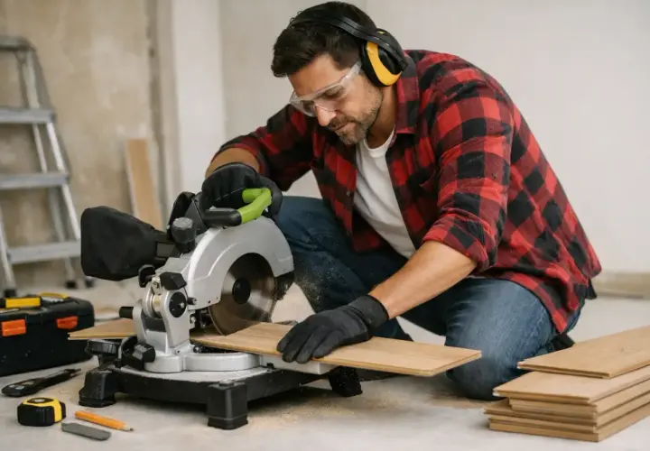 Homme en chemise à carreaux, lunettes et casque, effectuant une découpe parquet avec une scie circulaire.