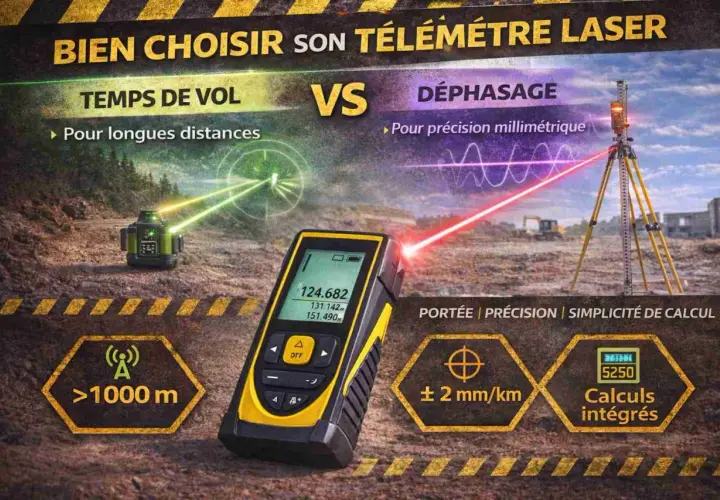 Le télémètre laser utilise le temps de vol ou le déphasage pour mesurer la distance. Cet appareil est idéal pour les longues distances et offre une précision millimétrique.