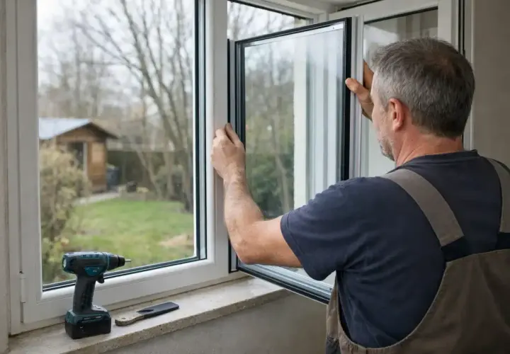Un homme en salopette installe une nouvelle vitre double vitrage. Une perceuse est posée sur le rebord de la fenêtre.