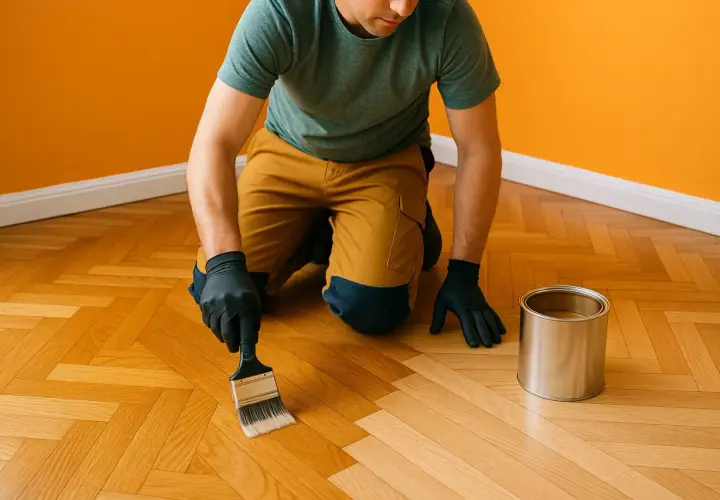 Un homme agenouillé applique un vernis sur un parquet en chevrons, début de la rénovation parquet.