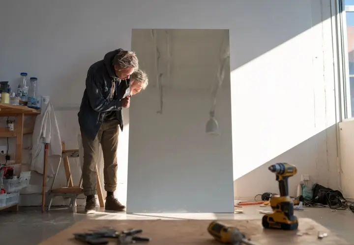 Un homme se penche pour accrocher un miroir au mur dans son atelier. Des outils sont posés au sol.