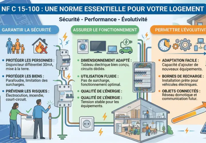 Schéma illustrant la norme NF C 15-100 pour un logement, couvrant sécurité, fonctionnement et évolutivité, avec un focus sur le type de prise et les équipements modernes.