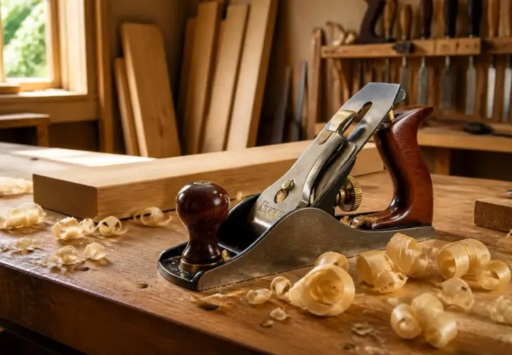Un rabot en bois, un outil ébéniste essentiel, repose sur un établi couvert de copeaux. Des planches de bois et des ciseaux sont visibles en arrière-plan.