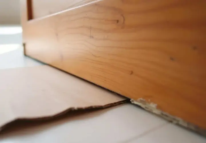 Le bas d'une porte en bois est légèrement surélevé, révélant un espace où du carton est glissé pour le détalonnage.