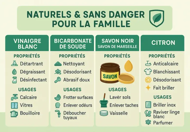Tableau comparatif des produits ménagers naturels : vinaigre blanc, bicarbonate de soude, savon noir et citron. Idéal pour nettoyer jonc de mer vinaigre blanc.