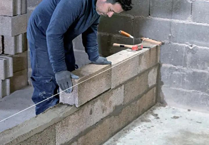 Un maçon pose une brique sur un mur en agglo, guidé par un fil à plomb. Outils de maçonnerie à proximité.