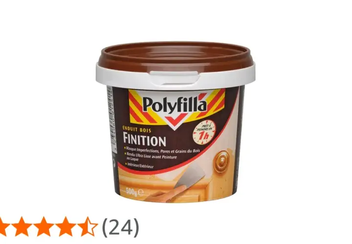 Pot d'enduit bois Polyfilla Finition. Idéal pour masquer imperfections et grains du bois avant ponçage et peinture. Quel grain pour poncer enduit finition ? Ce produit assure un rendu lisse.