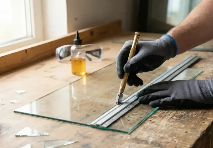 Mains gantées utilisant un coupe-verre pour découper une plaque de verre sur un établi.
