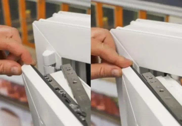 Main gauche ajustant un joint sur une fenêtre blanche, montrant le mécanisme de fermeture. La **fenêtre bloquée** semble être en cours d'installation ou de réparation.