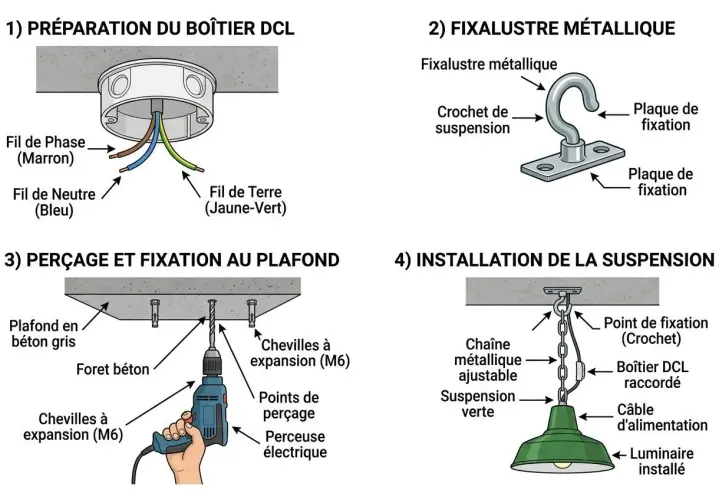 Schéma illustrant le branchement lampe plafond : préparation du boîtier DCL, fixation du crochet, perçage du plafond et installation finale du luminaire.
