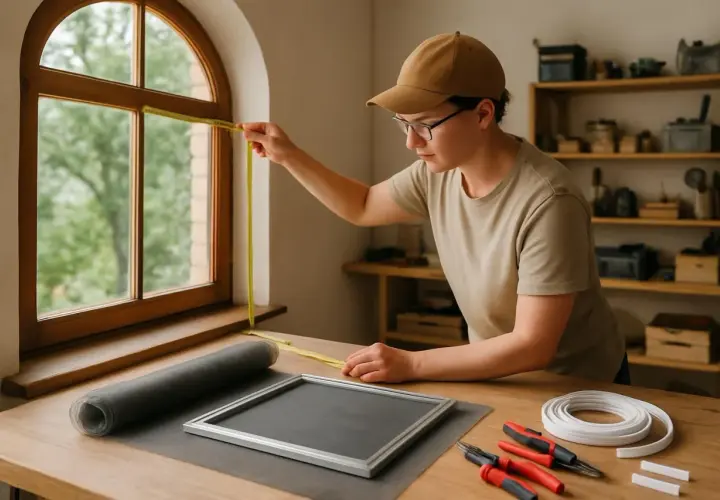 Préparation pour installer moustiquaire fenetre : mesure de la fenêtre, rouleau de moustiquaire, cadre, outils et joint.