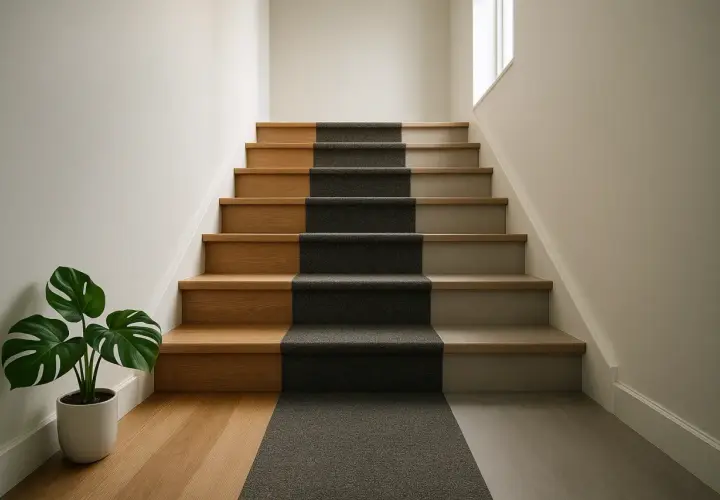 Un escalier moderne avec des marches en bois et un tapis en lino gris. Une plante verte décore le bas.