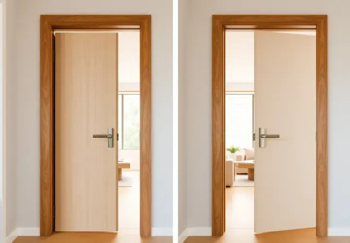 Deux portes en bois, l'une ouverte vers l'intérieur, l'autre vers l'extérieur, illustrant le sens d'ouverture des portes réglementation.