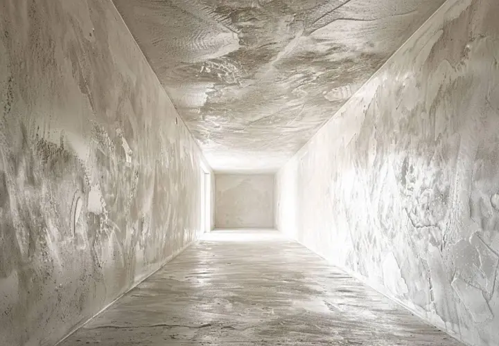 Couloir en cours de finition, les murs et le plafond montrent les traces de l'application de l'enduit. La lumière éclaire la perspective.