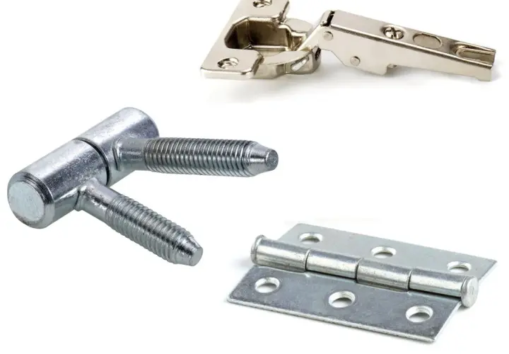 Trois différents types de charnières : une charnière de meuble plaquée, une charnière à vis et une charnière plate.