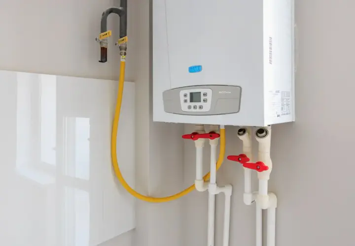 Chaudière Baxi ECO4s avec tuyauterie et vannes. Le disjoncteur chauffe-eau 16 ou 20 ampères est essentiel pour la sécurité.