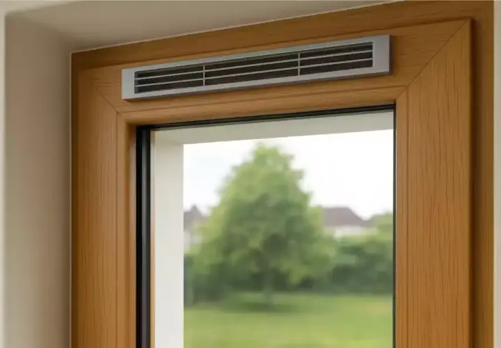 Grille d'aération discrète intégrée au cadre en bois d'une fenêtre, assurant une ventilation naturelle et constante.