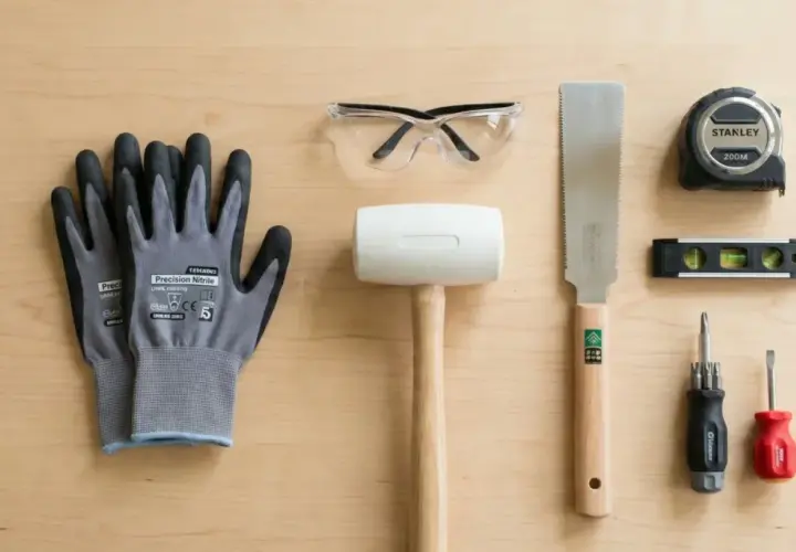 Une paire de gants, lunettes de protection, maillet, scie, mètre ruban, niveau à bulle et tournevis : des outils de base pour bricoler.
