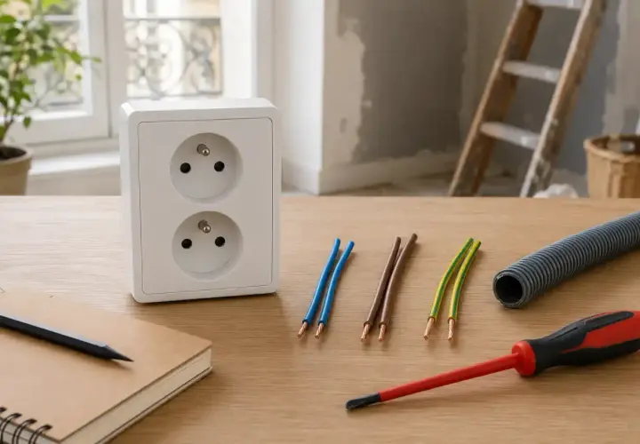Double prise électrique blanche sur table en bois, fils électriques, tournevis, gaine et carnet. Idéal pour calculer combien de prise sur un disjoncteur 16a en 2.5.