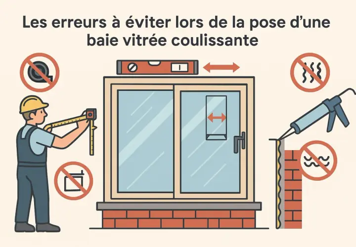 Un ouvrier mesure une baie vitrée coulissante. Des icônes indiquent les erreurs à éviter lors de la pose, comme l'utilisation d'un mètre ruban ou une mauvaise étanchéité.