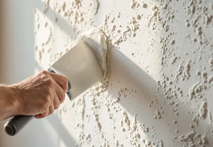 Main tenant enlever du crépi intérieur avec une spatule. La texture du mur est granuleuse et irrégulière.