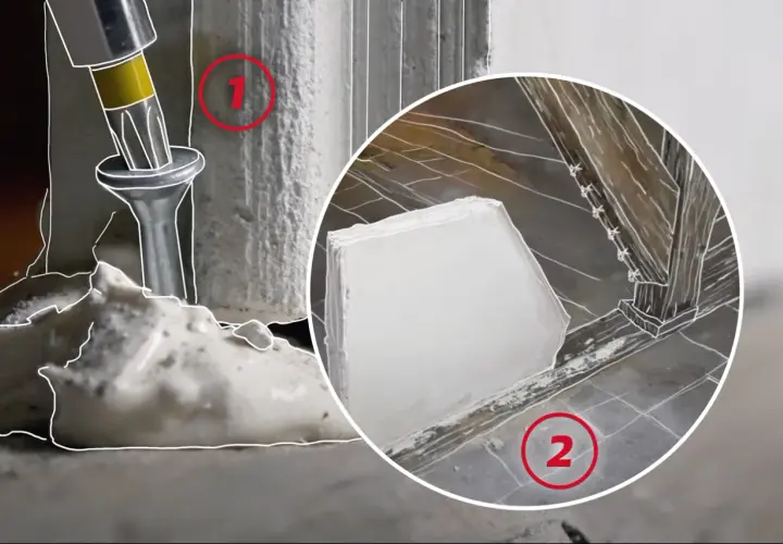Visuel montrant une charge lourde sur carreau de plâtre, avec une vis s'enfonçant dans le matériau. Une seconde image montre une structure en bois.