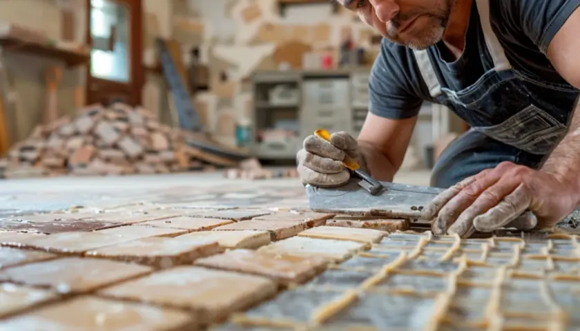 Un artisan méticuleux utilise un outil pour enlever le carrelage ancien, préparant le sol pour une nouvelle pose.