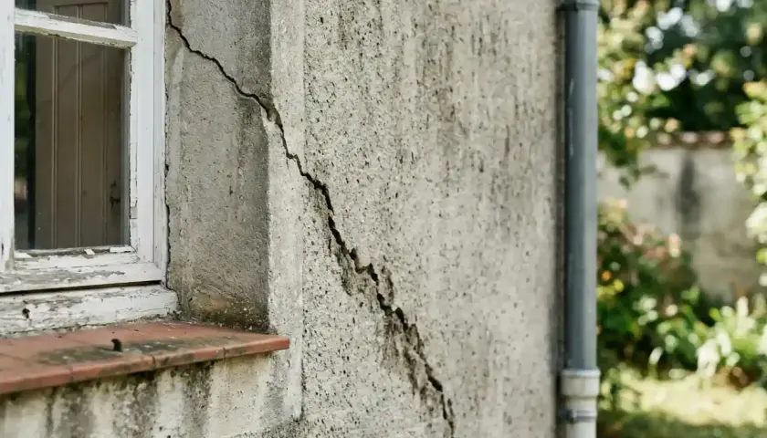 Grosse fissure sur le mur extérieur d'une maison, près d'une fenêtre. Il faudra réparer cette fissure pour sécuriser le bâtiment.