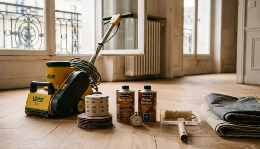 Un rabot parquet, disques abrasifs, vernis et rouleau prêts pour redonner vie à un plancher de bois.