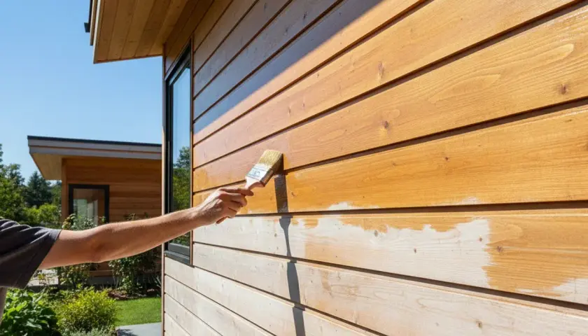 Application d'une lasure sur une fenêtre en bois, protégeant le bardage extérieur.