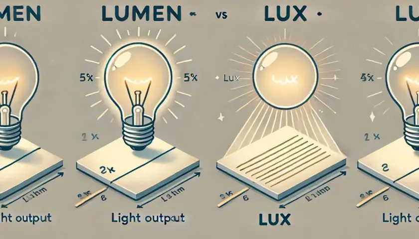 Illustration comparant lumens et lux. Les lumens mesurent la lumière émise par une source, le lux, la lumière reçue sur une surface.