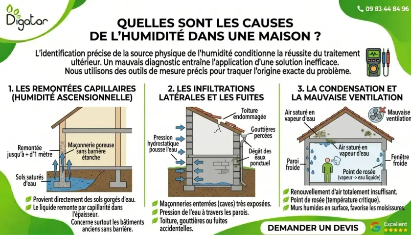 Causes d'un mur humide : remontées capillaires, infiltrations, condensation. Identifier la source est crucial pour un traitement efficace.