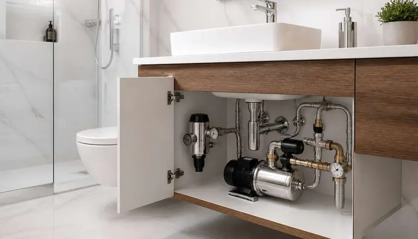 Système de pompe assurant une pression eau maison 4 bars. Tuyauterie chromée sous un lavabo moderne.