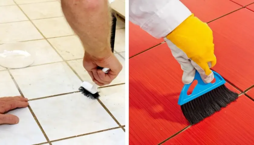 Nettoyer carrelage après joint : brossage des joints sur carrelage clair et balayage sur carrelage rouge.