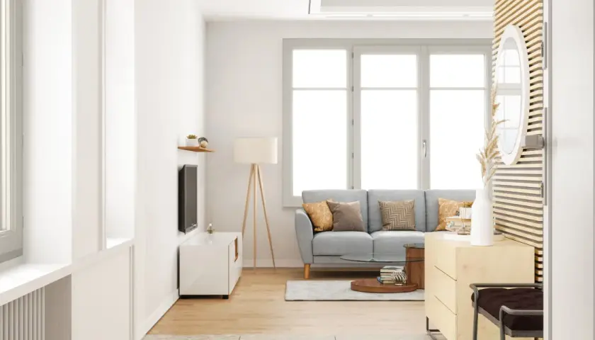 Salon lumineux avec canapé gris, table basse et grande fenêtre ouvrant à la française. Décoration moderne et épurée.