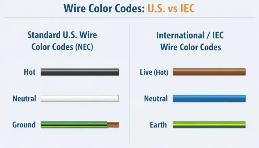 Comparaison des codes couleur des fils électriques : US vs IEC. Le fil "Hot" est noir aux US, marron à l'international. Le fil "Neutral" est blanc aux US, bleu à l'international. Le fil de terre (Ground/Earth) est vert/jaune.