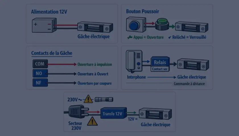 Schéma de branchement d'une gâche électrique 12V avec alimentation, bouton poussoir, interphone et contacts.