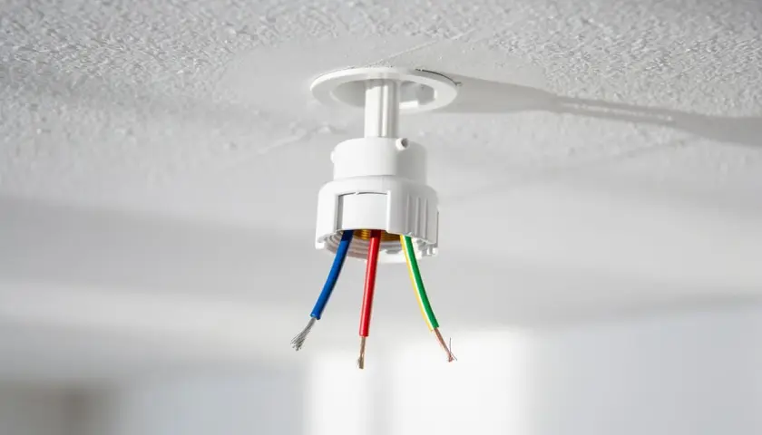 Douille de plafond avec fils dénudés : bleu (neutre), rouge (phase) et vert/jaune (terre). Utile pour reconnaitre phase et neutre sur une douille.